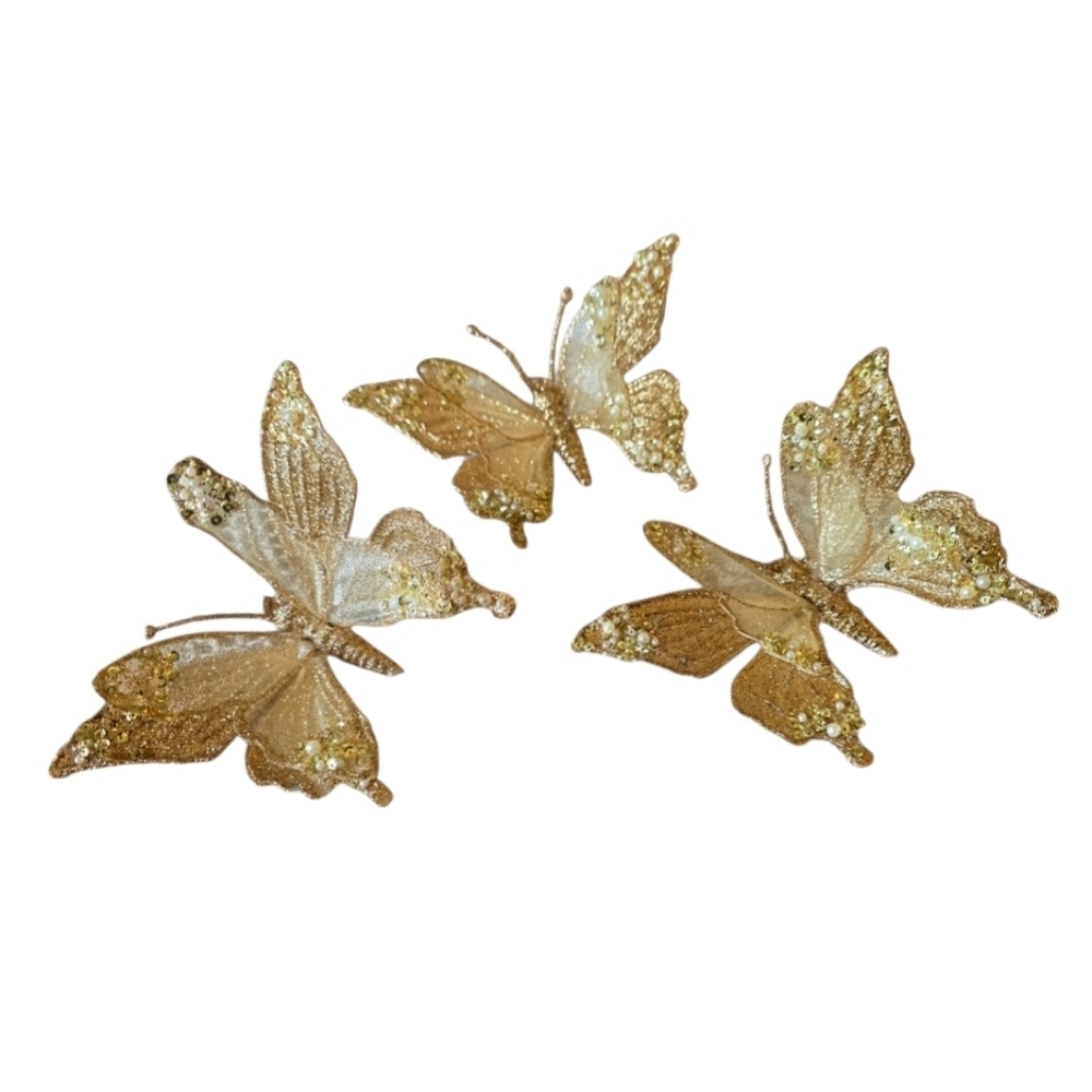 Gold Sequin and Pearl Glitter Clip Butterfly Decor Christmas Ornaments  Vintage